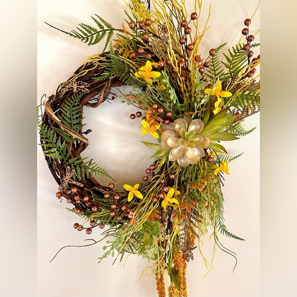 Yellow  wreath with wooden dragonflies and faux succulents - Picture 8 of 9